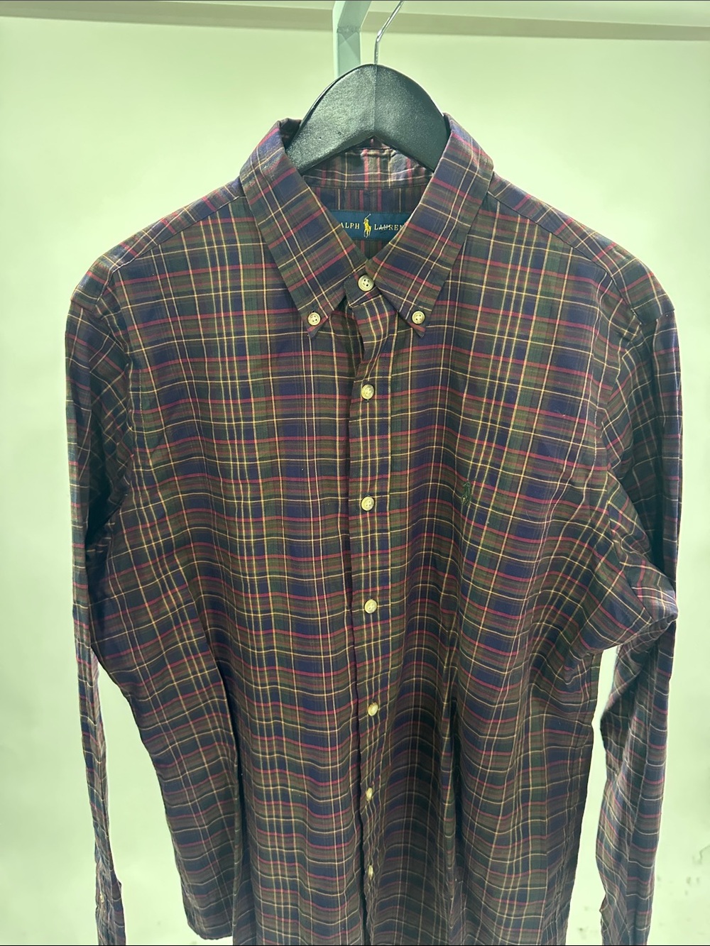 Ralph Lauren Men’s Purple Plaid Button-Down Shirt with Green and Yellow Accents